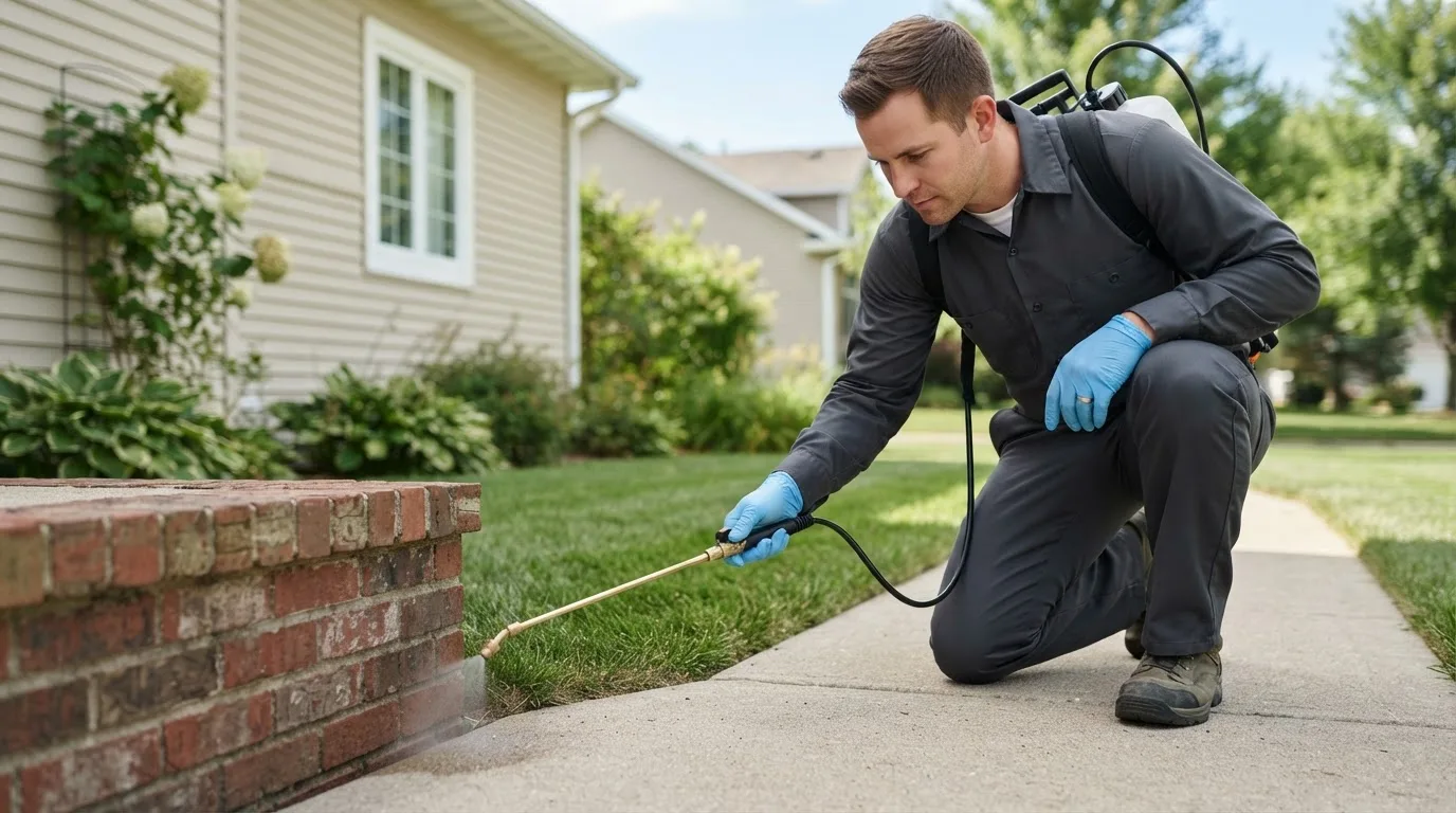 Pest control technician treating a home near Bevier, MO